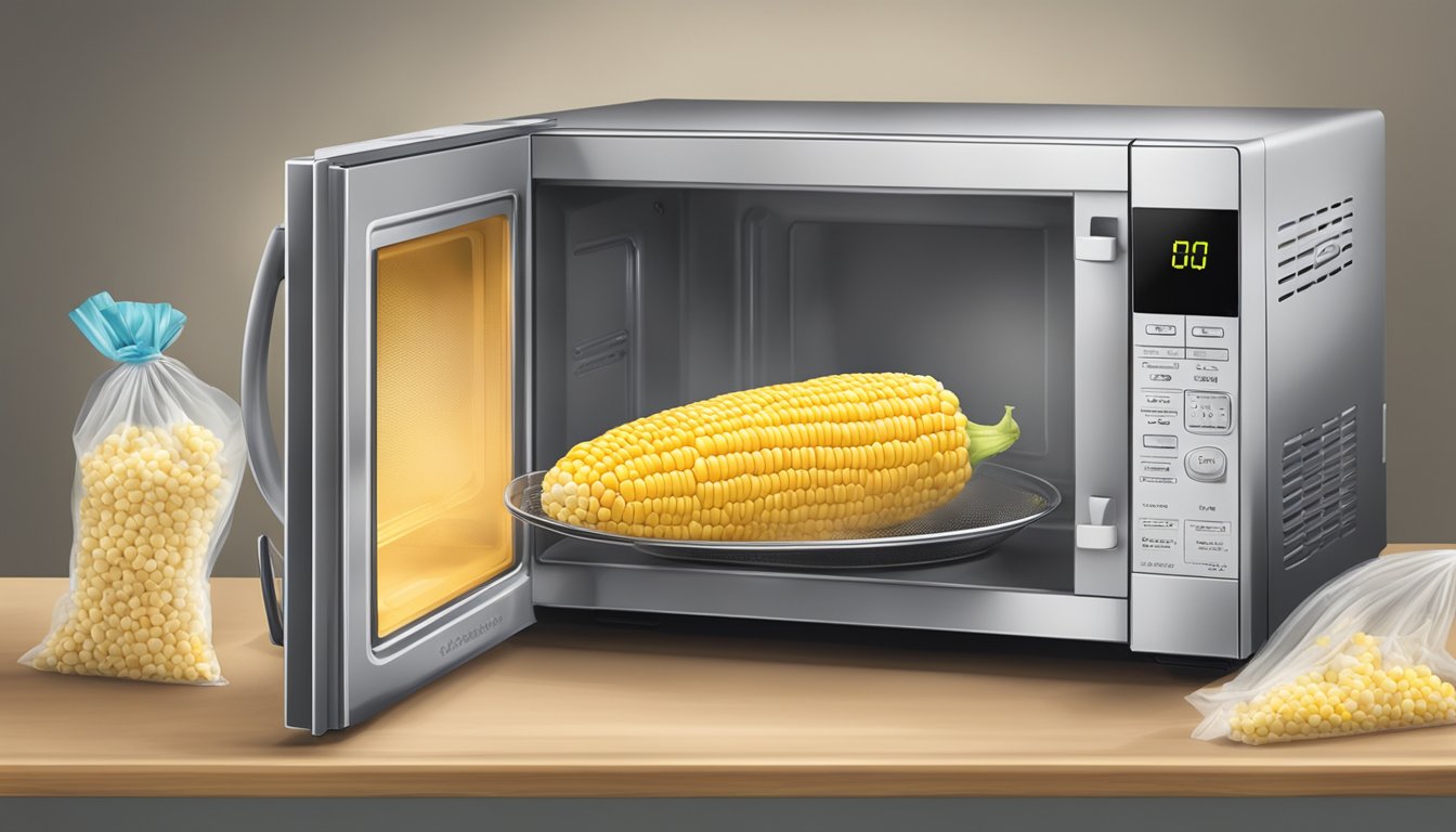 A microwave with a steaming bag of Birds Eye Steamfresh Super Sweet Corn inside, a timer counting down, and steam escaping from the bag