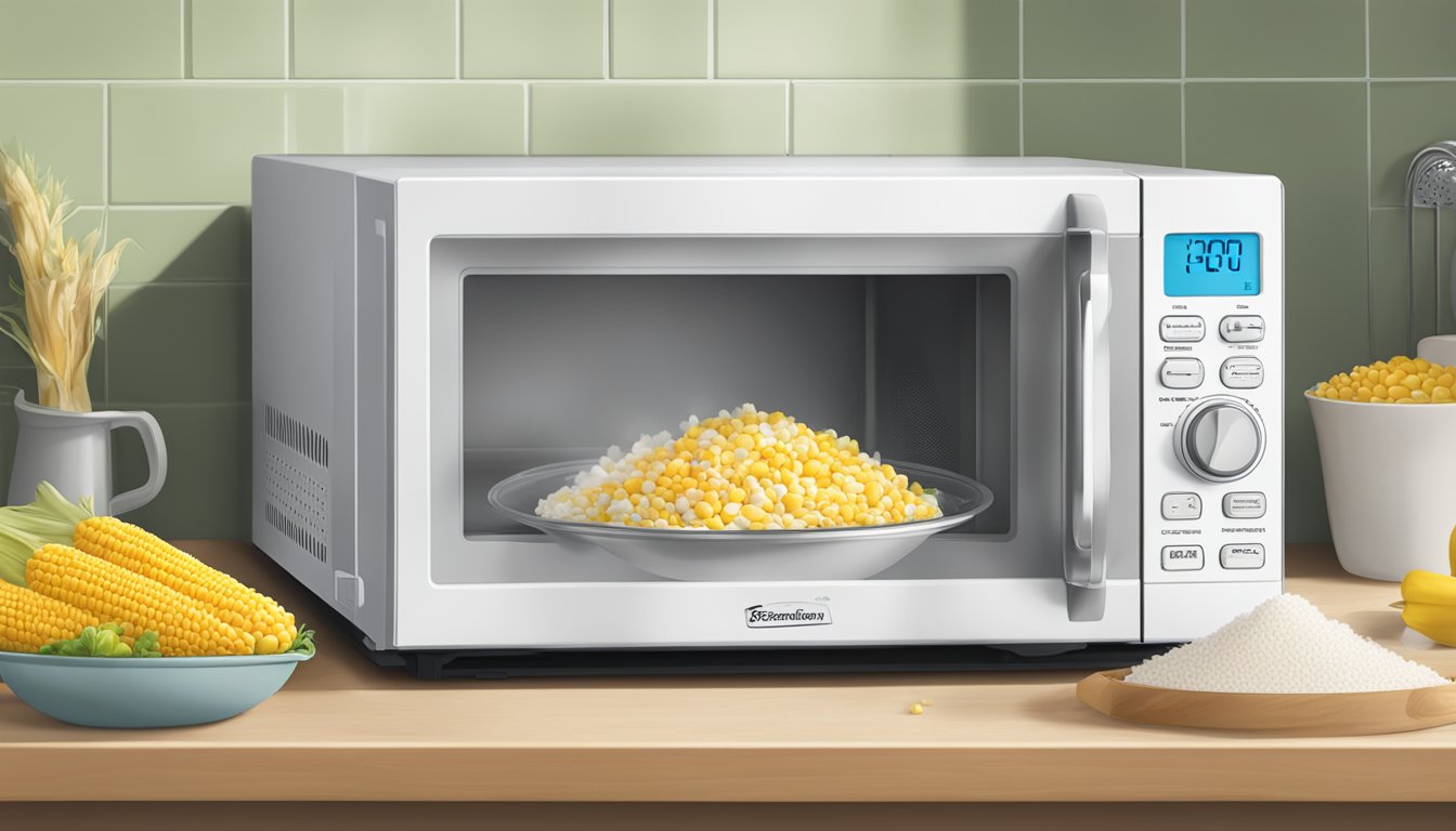 A microwave with an open bag of Birds Eye Steamfresh Super Sweet Corn inside, a timer set, and steam rising from the bag