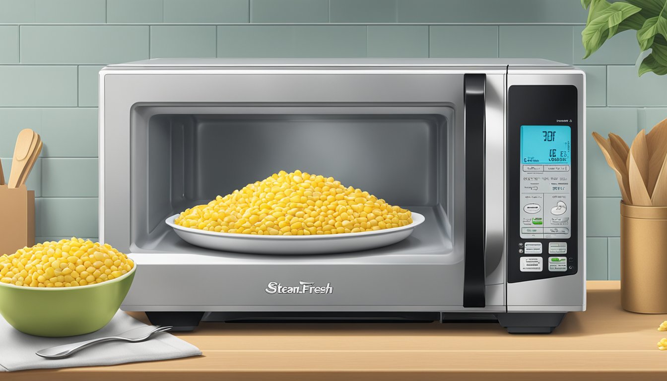 A microwave with a steaming bag of Birds Eye Steamfresh super sweet corn next to a plate and utensils