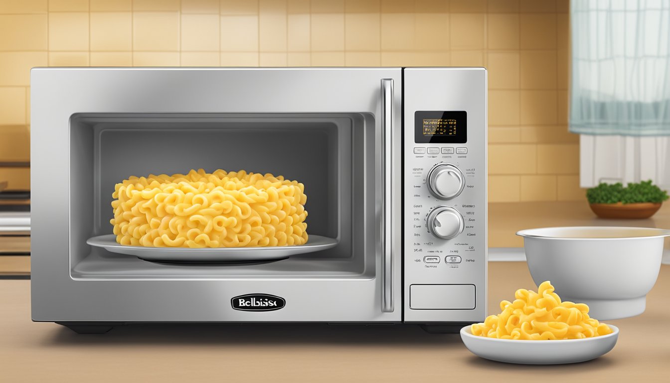 A microwave with a bowl of Bellisio Foods macaroni and cheese inside, rotating as it reheats