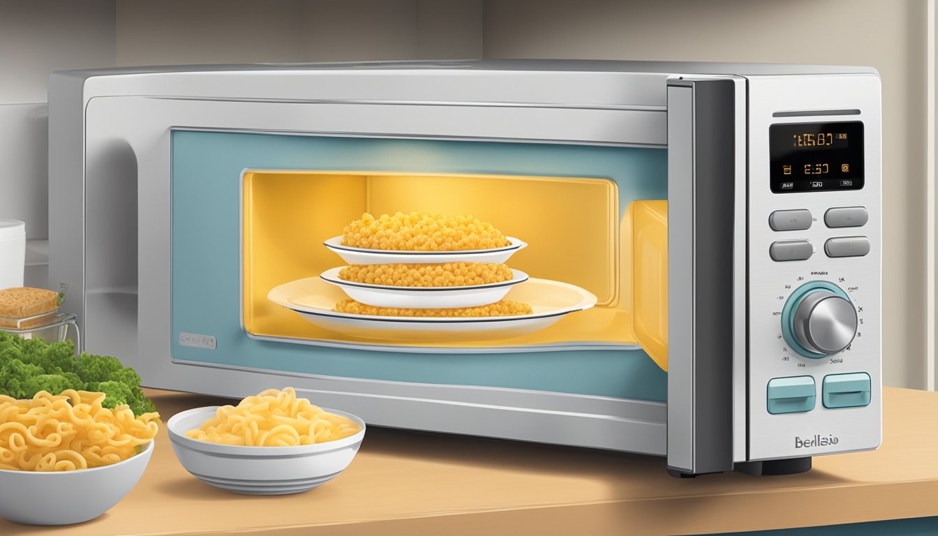 A microwave with an open door, a bowl of Bellisio Foods macaroni cheese inside, and a person pressing the buttons to set the reheating time