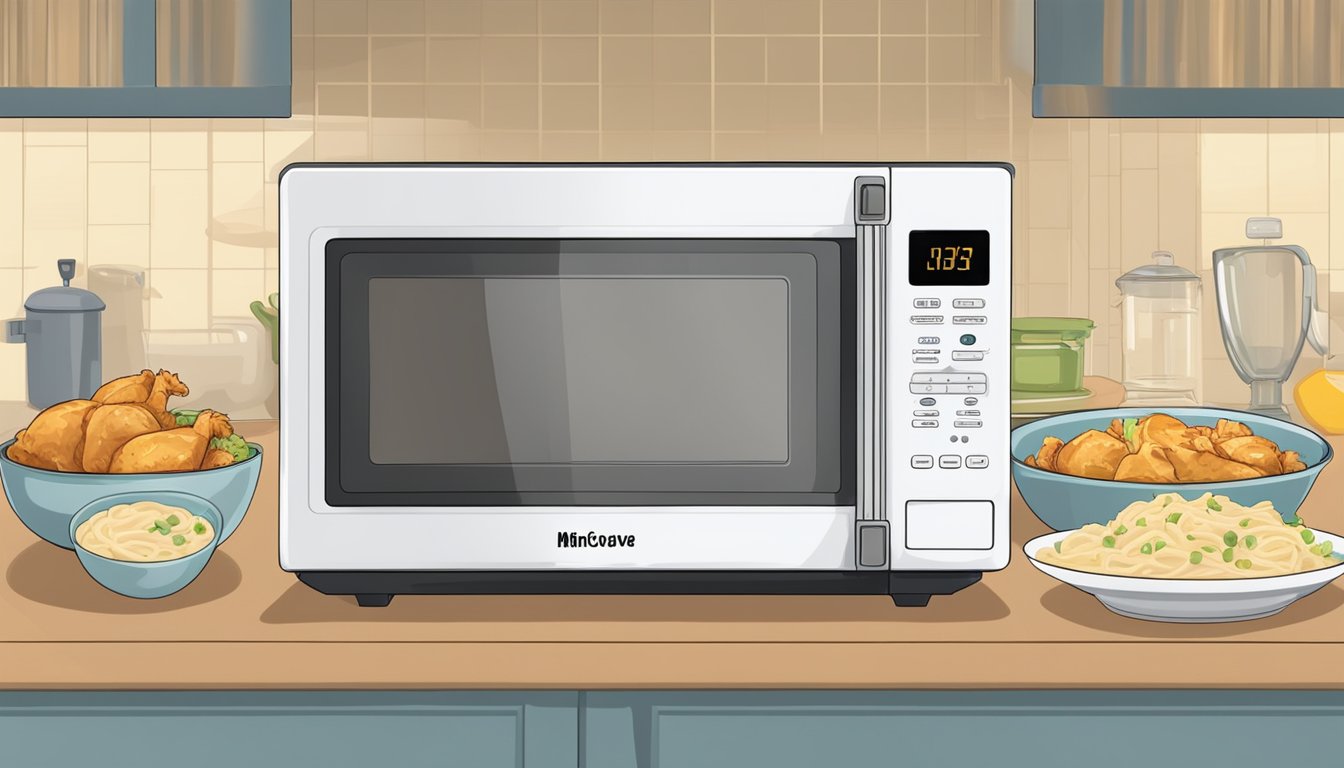 A microwave with a plate of Chicken Alfredo inside, a microwave-safe cover, and a timer set for reheating