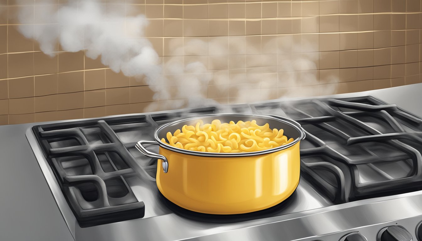 A pot of macaroni and cheese sits on a stovetop, steam rising as it heats up