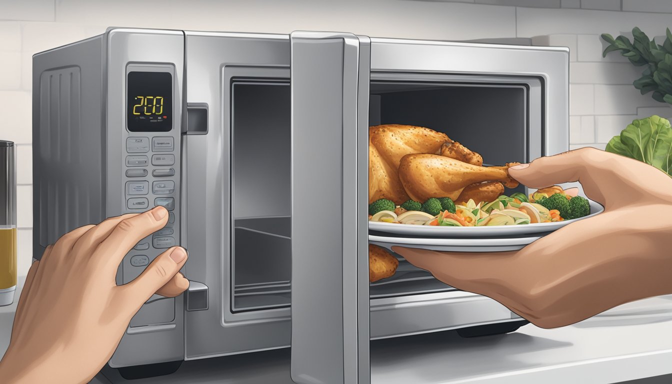 A microwave with an open door, a plate of Birds Eye Voila garlic chicken inside, and a person's hand reaching for the plate