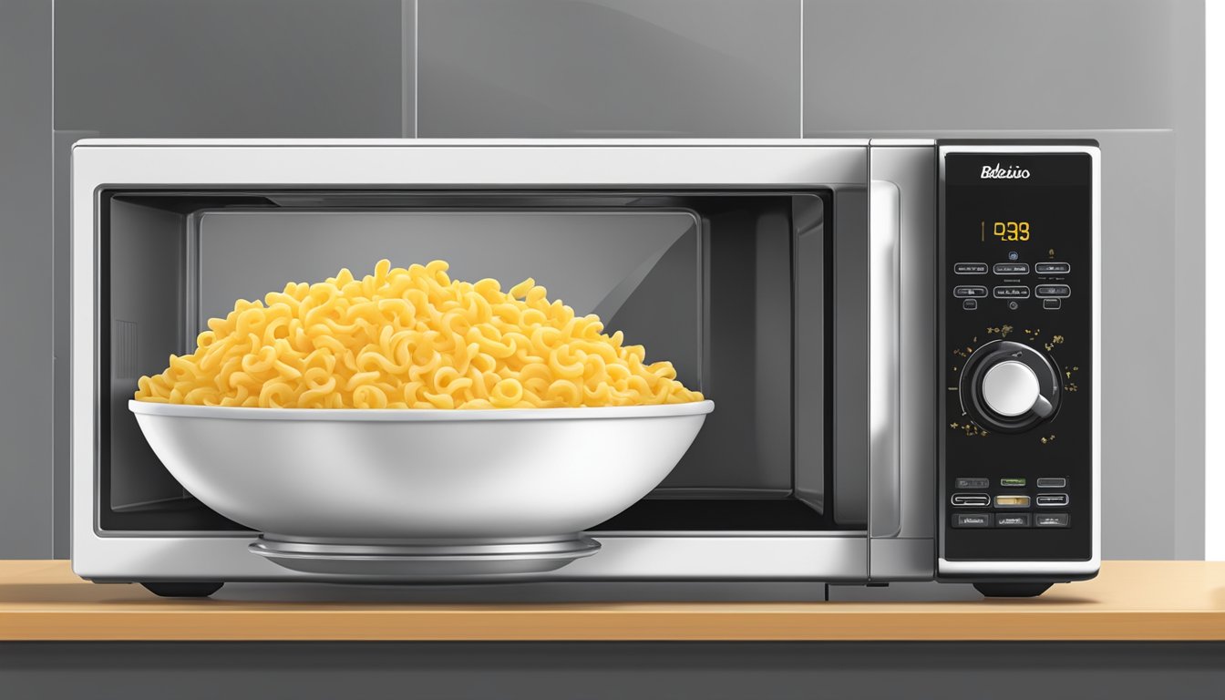 A microwave with a bowl of Bellisio Foods macaroni and cheese inside, rotating on the turntable