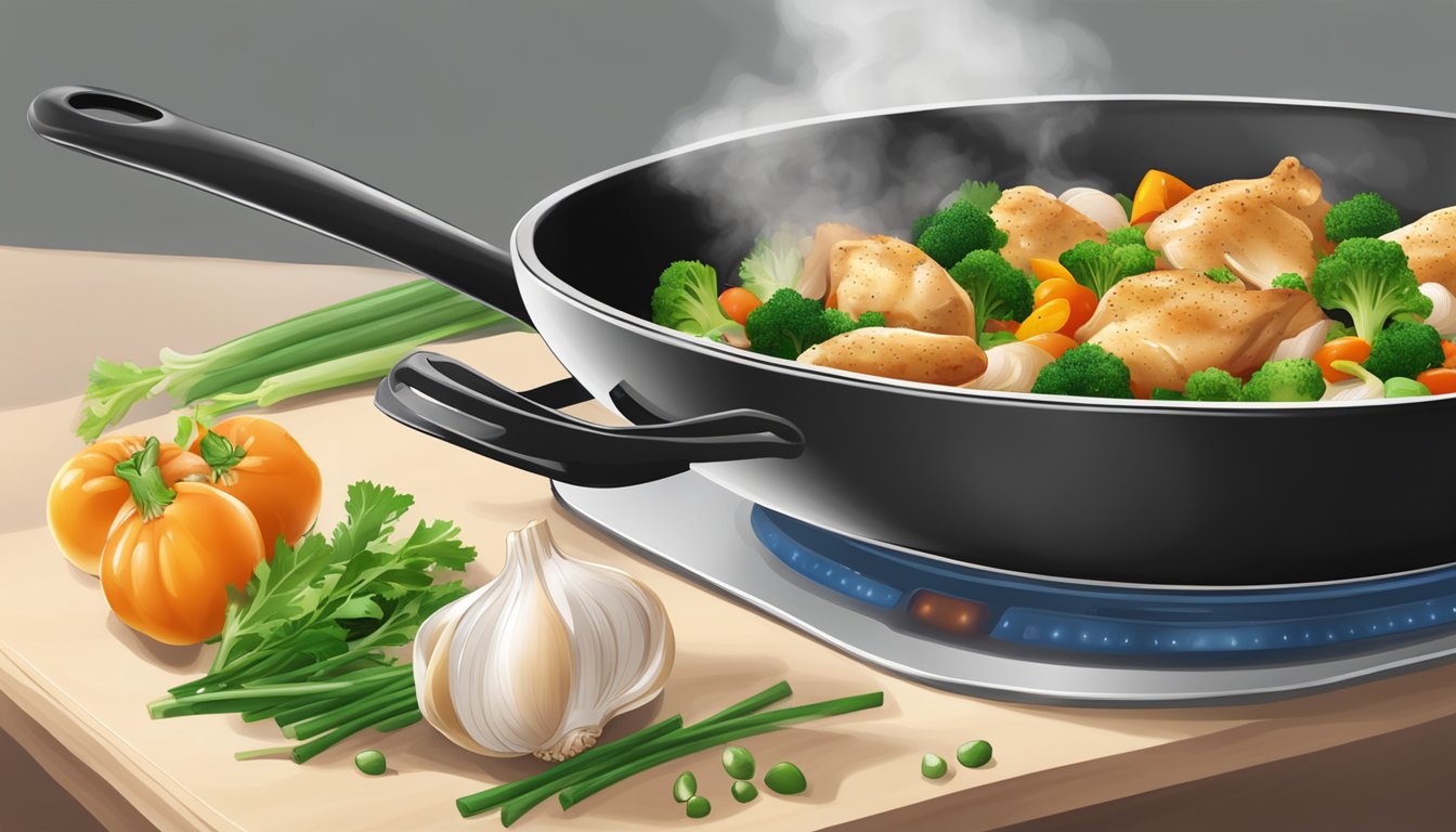 A skillet sizzling with reheated Birds Eye Voila garlic chicken, surrounded by steaming vegetables and aromatic garlic