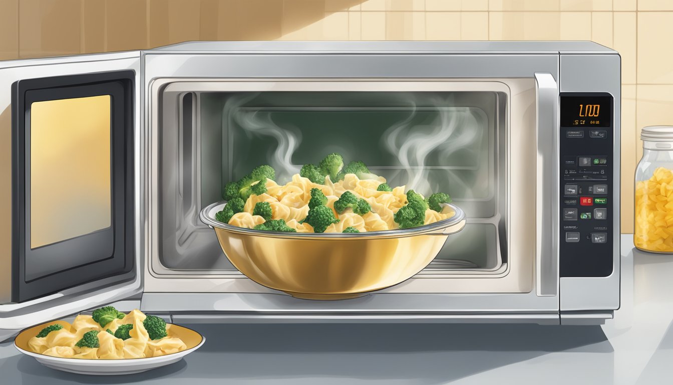 A steaming bowl of Bertolli Chicken Florentine Farfalle being reheated in a microwave