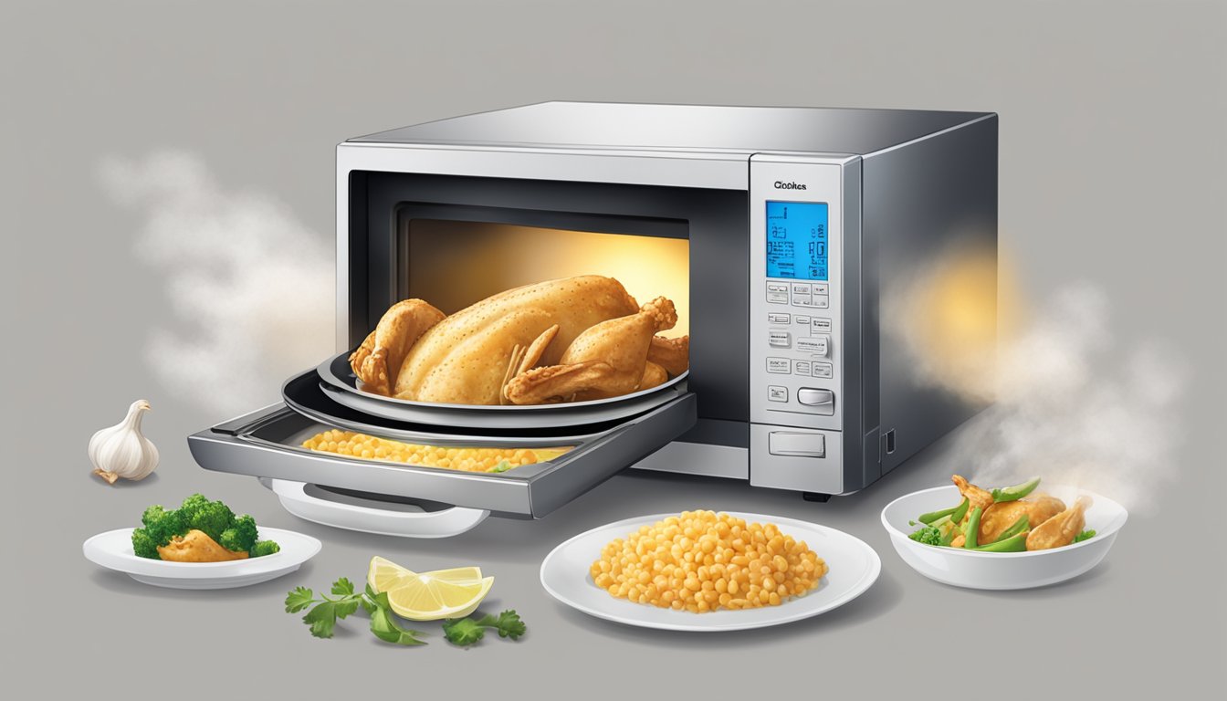 A microwave with an open bag of Birds Eye Voila garlic chicken, steam rising from the hot food inside