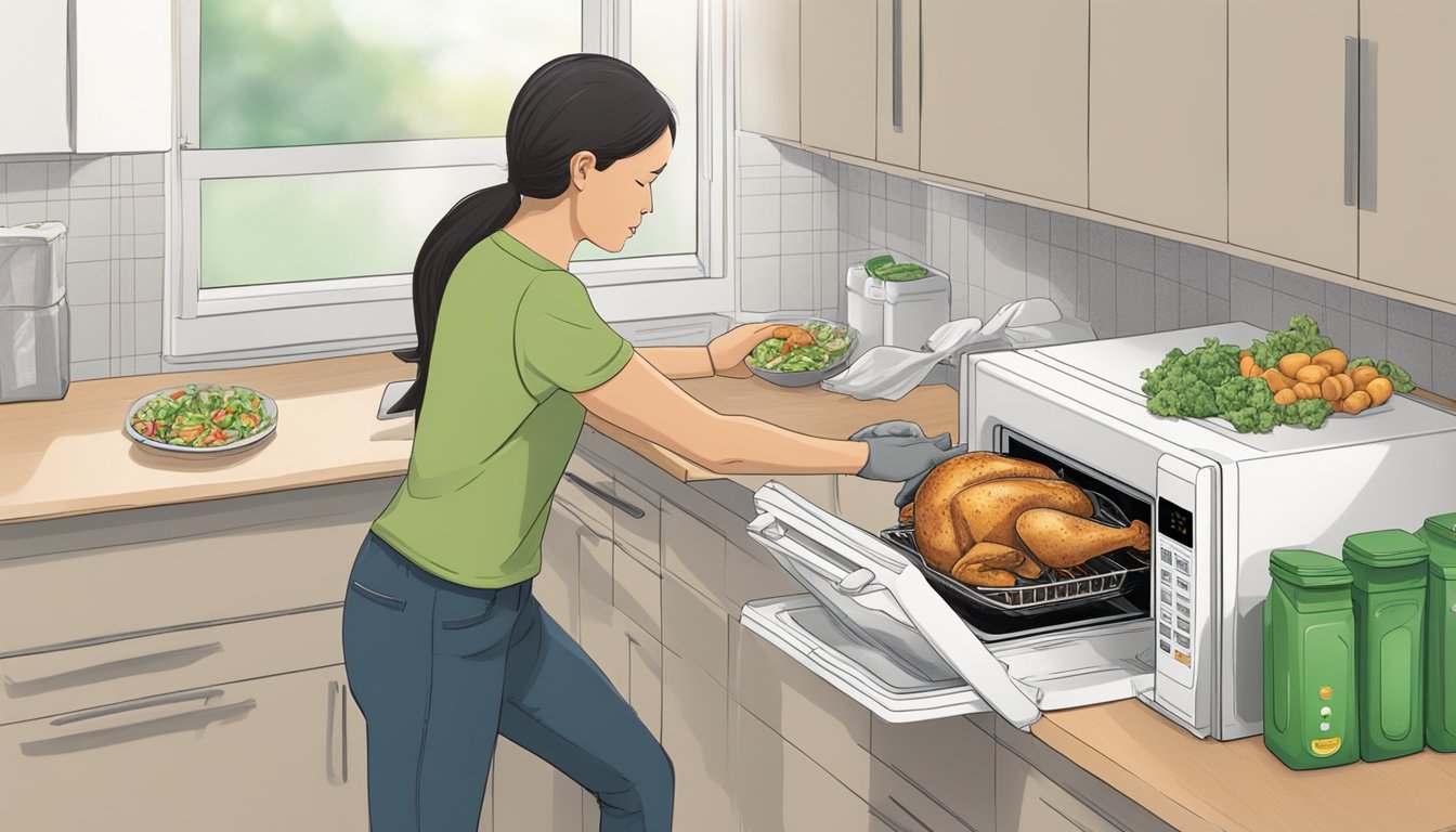 A person placing a Birds Eye Voila Garlic Chicken meal in a microwave, with a recycling bin and compost bin nearby