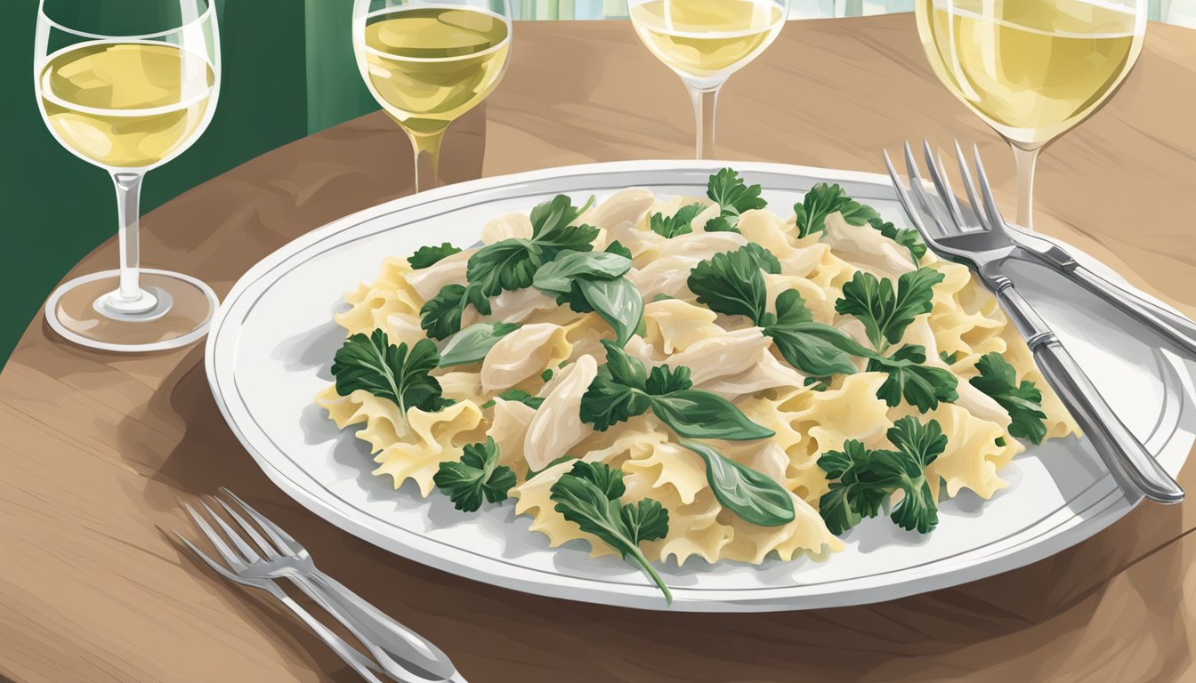 A steaming plate of Bertolli chicken florentine farfalle next to a glass of white wine