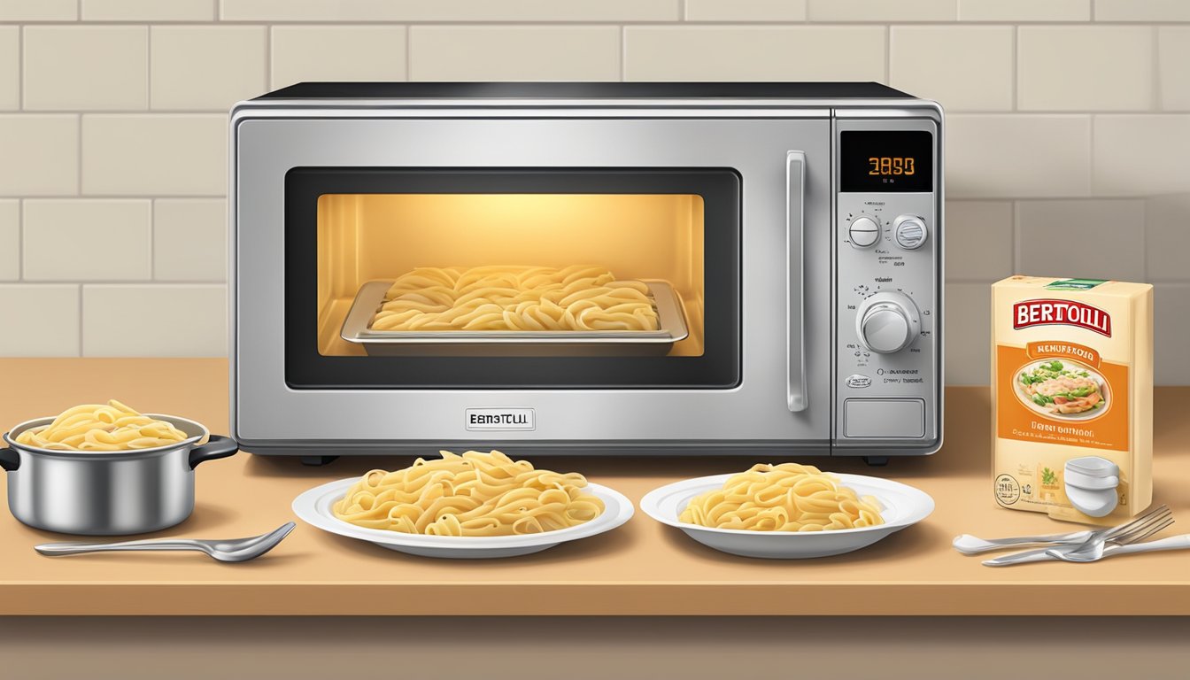 A microwave with a steaming plate of Bertolli chicken alfredo penne inside, a stovetop with a pot of boiling water, and an oven with a baking dish of the pasta