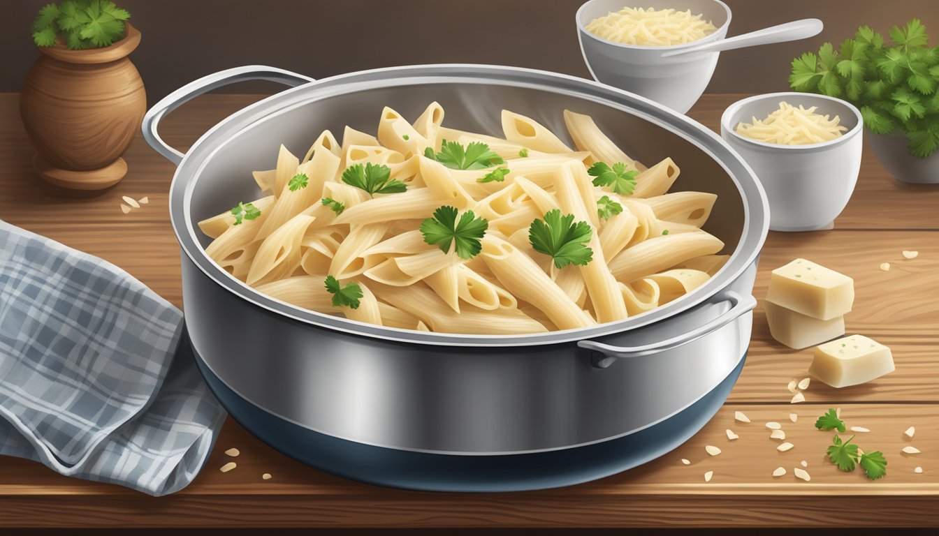 Steam rising from a pot of reheated Bertolli chicken alfredo penne, garnished with freshly grated parmesan and chopped parsley, on a rustic wooden table