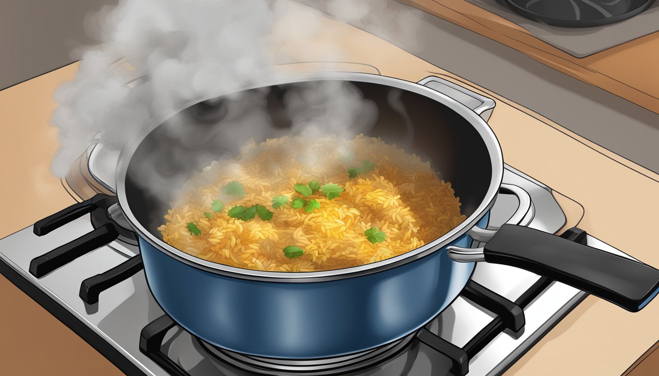 Steam rising from a pot of reheating biryani on a stovetop, with a lid partially covering the pot