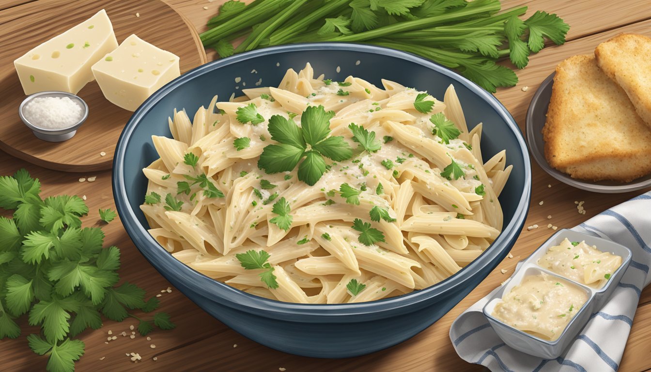 A steaming bowl of reheated Bertolli chicken alfredo penne sits on a rustic wooden table, surrounded by scattered sprigs of fresh parsley and a sprinkle of grated parmesan cheese