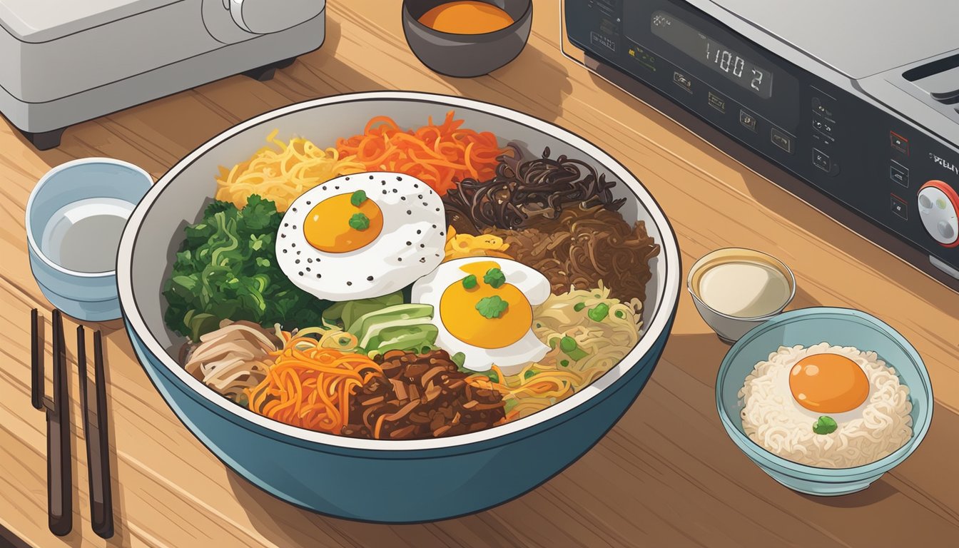 A bowl of colorful bibimbap sits on a wooden table next to a microwave, with steam rising as it reheats. Various toppings are neatly arranged on top of the rice