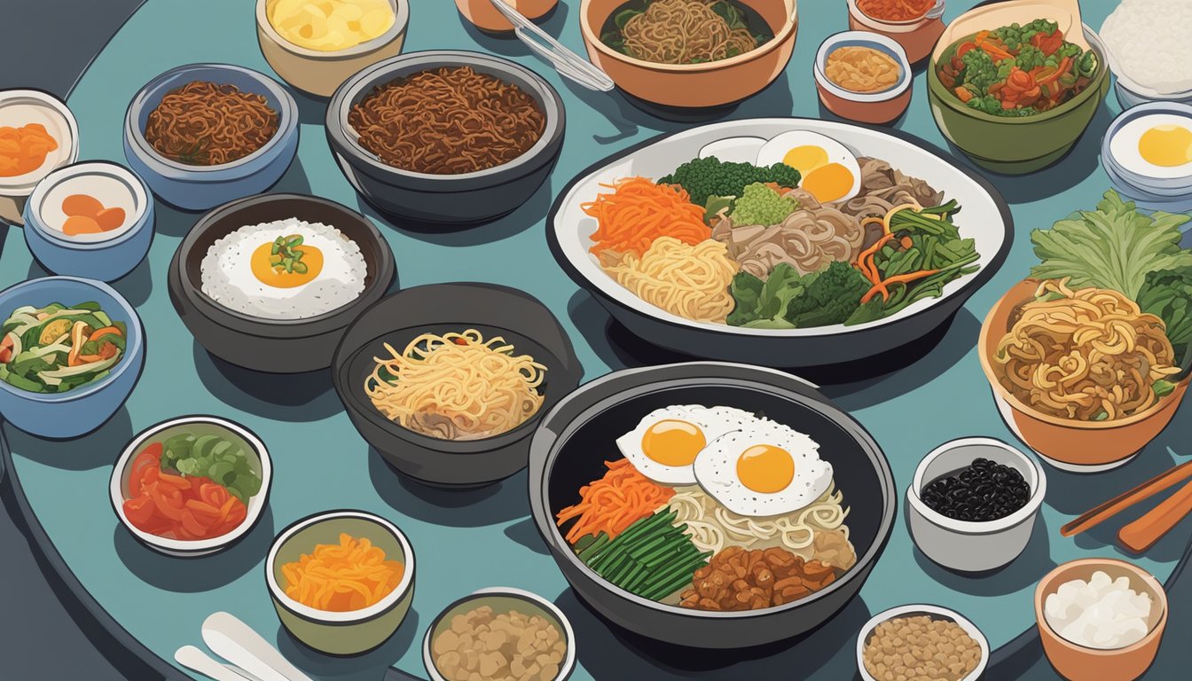 A bowl of bibimbap surrounded by small containers of various toppings and a microwave in the background