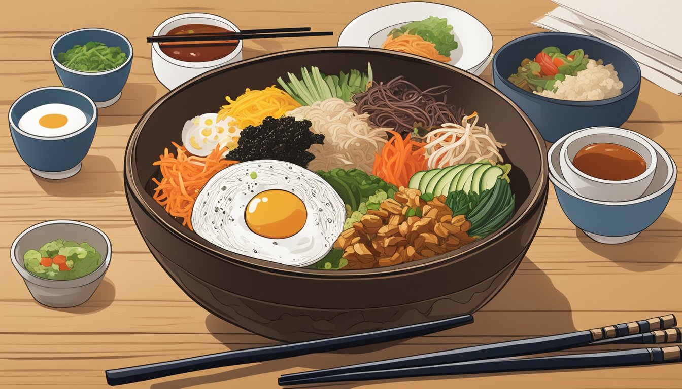 A steaming bowl of bibimbap sits on a wooden table, surrounded by small dishes of colorful toppings and a pair of chopsticks