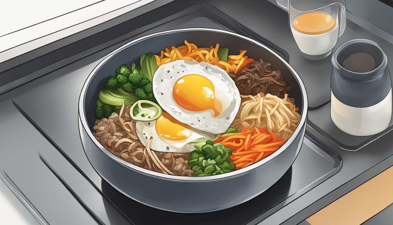 A bowl of bibimbap being heated in a microwave