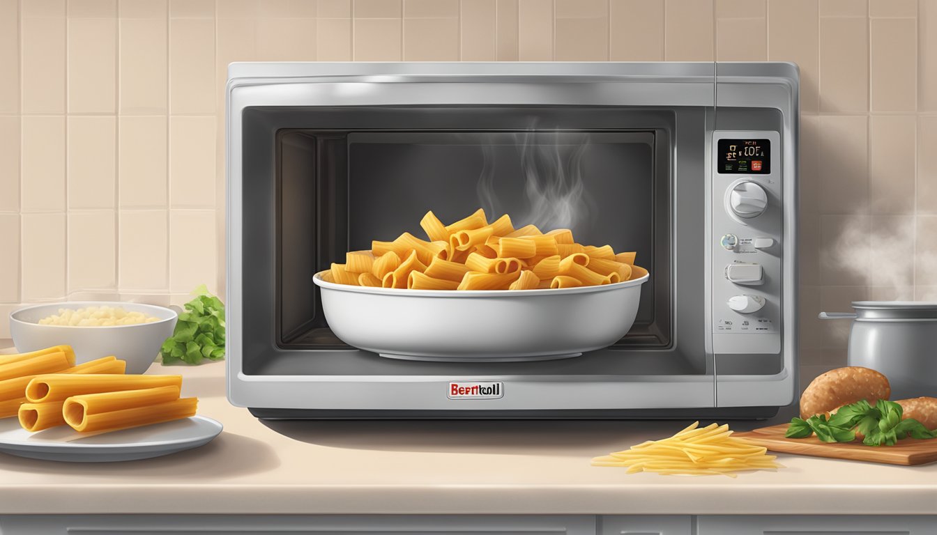 A steaming bowl of Bertolli Italian sausage rigatoni being reheated in a microwave