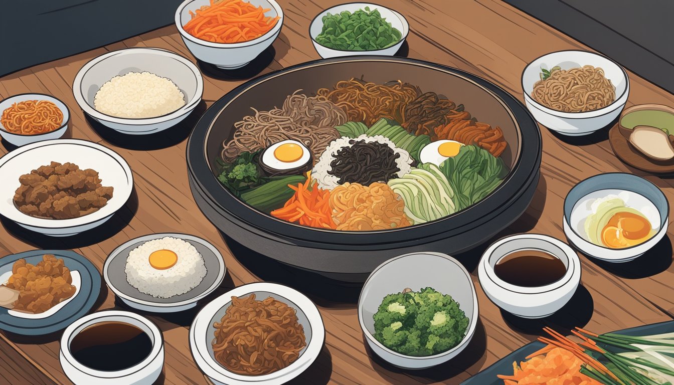 A steaming bowl of bibimbap sits on a wooden table, surrounded by small side dishes and chopsticks. A microwave or stovetop can be seen nearby for reheating