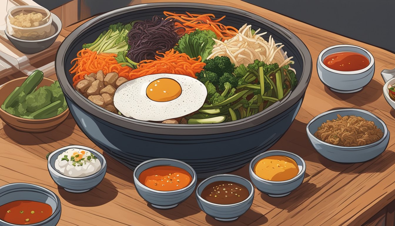 A steaming bowl of bibimbap sits on a wooden table, surrounded by small dishes of pickled vegetables and spicy gochujang sauce