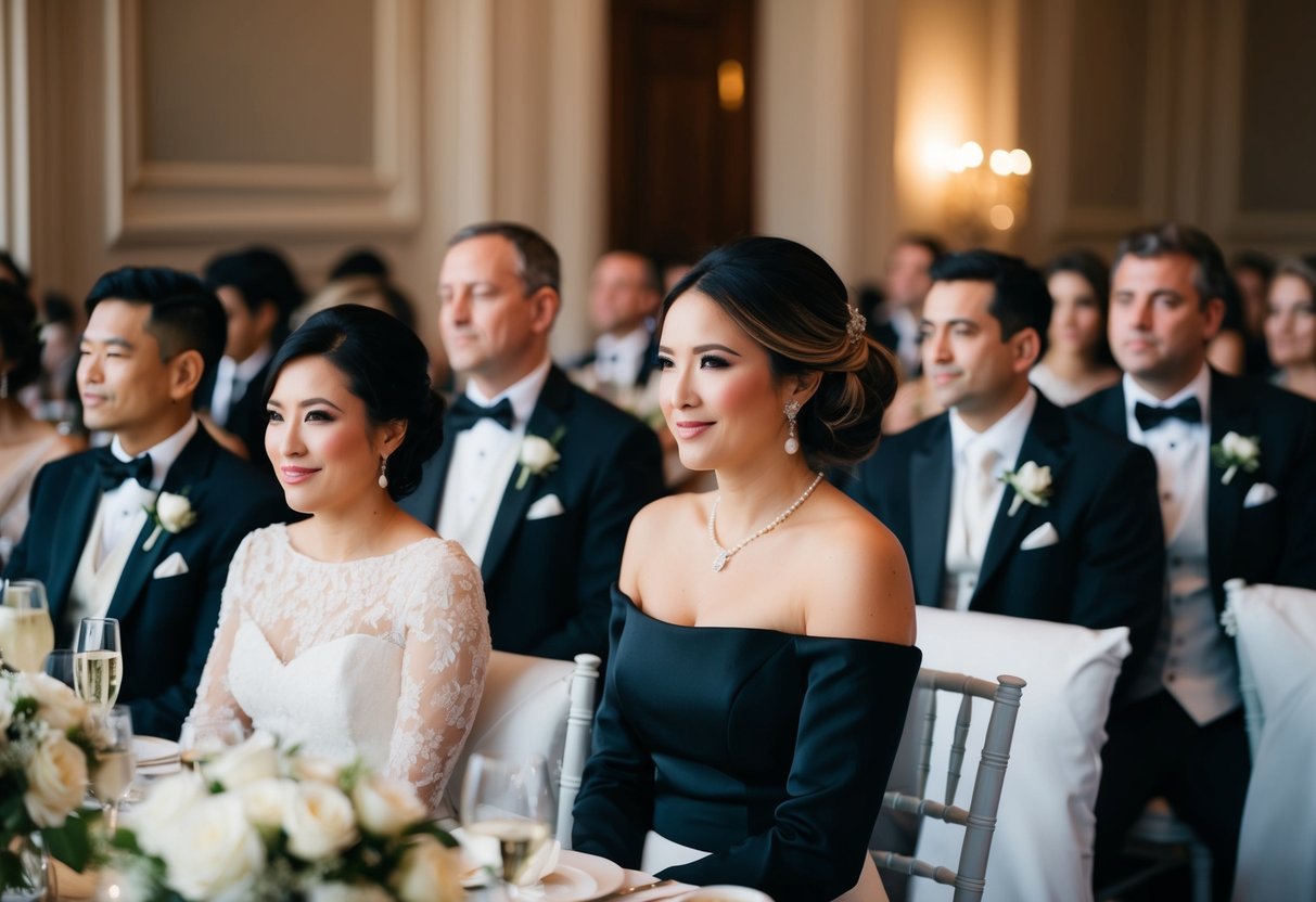 A formal wedding setting with guests dressed in elegant attire, with a focus on a black outfit