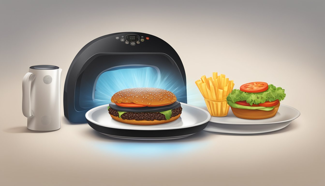 A black bean burger on a plate, being reheated in a microwave