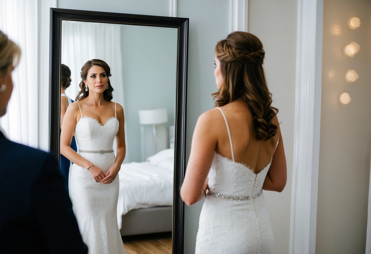 A woman standing in front of a full-length mirror, trying on different outfits for a wedding. She is carefully considering her options and appears to be uncertain