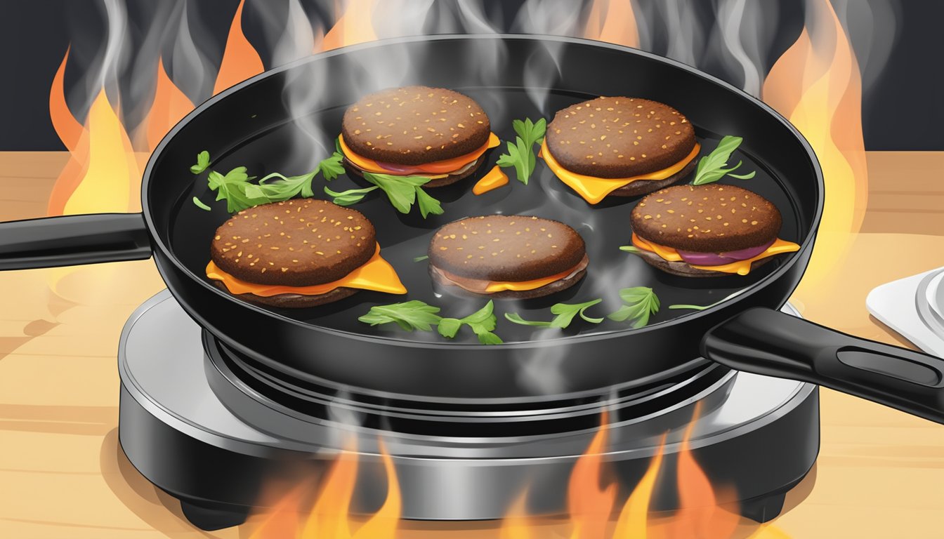 A skillet heating on a stovetop with black bean burgers being reheated, steam rising from the sizzling patties