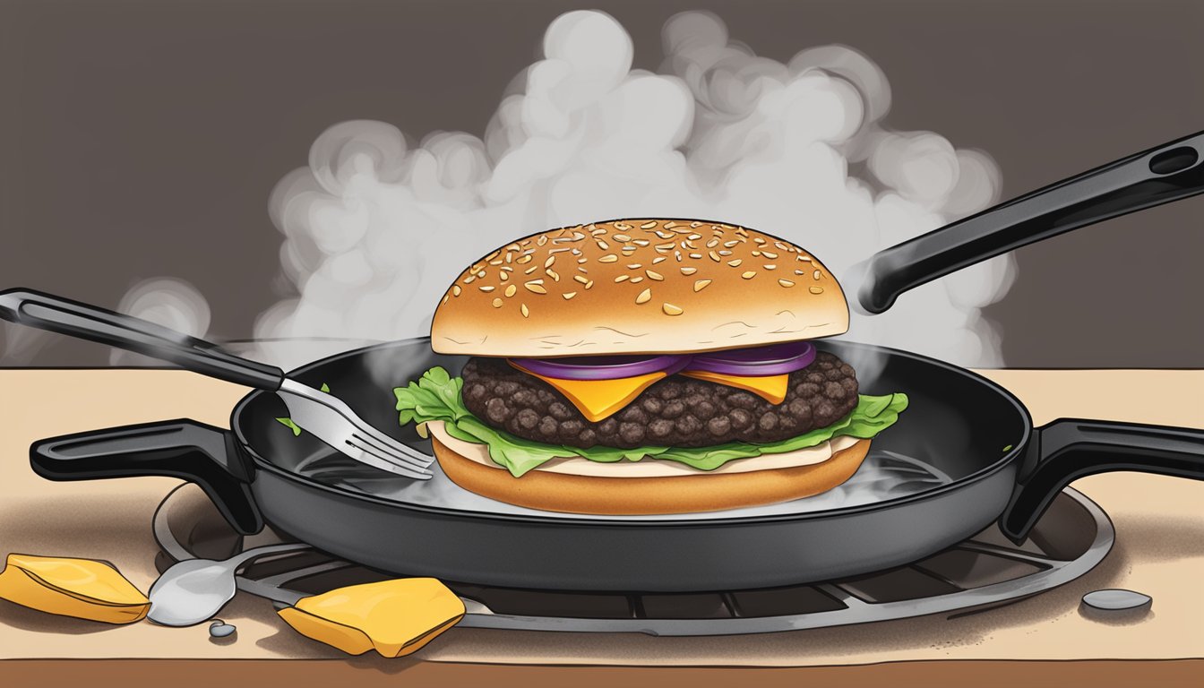 A black bean burger sits on a sizzling skillet, steam rising as it heats up. A spatula hovers nearby, ready to flip the burger