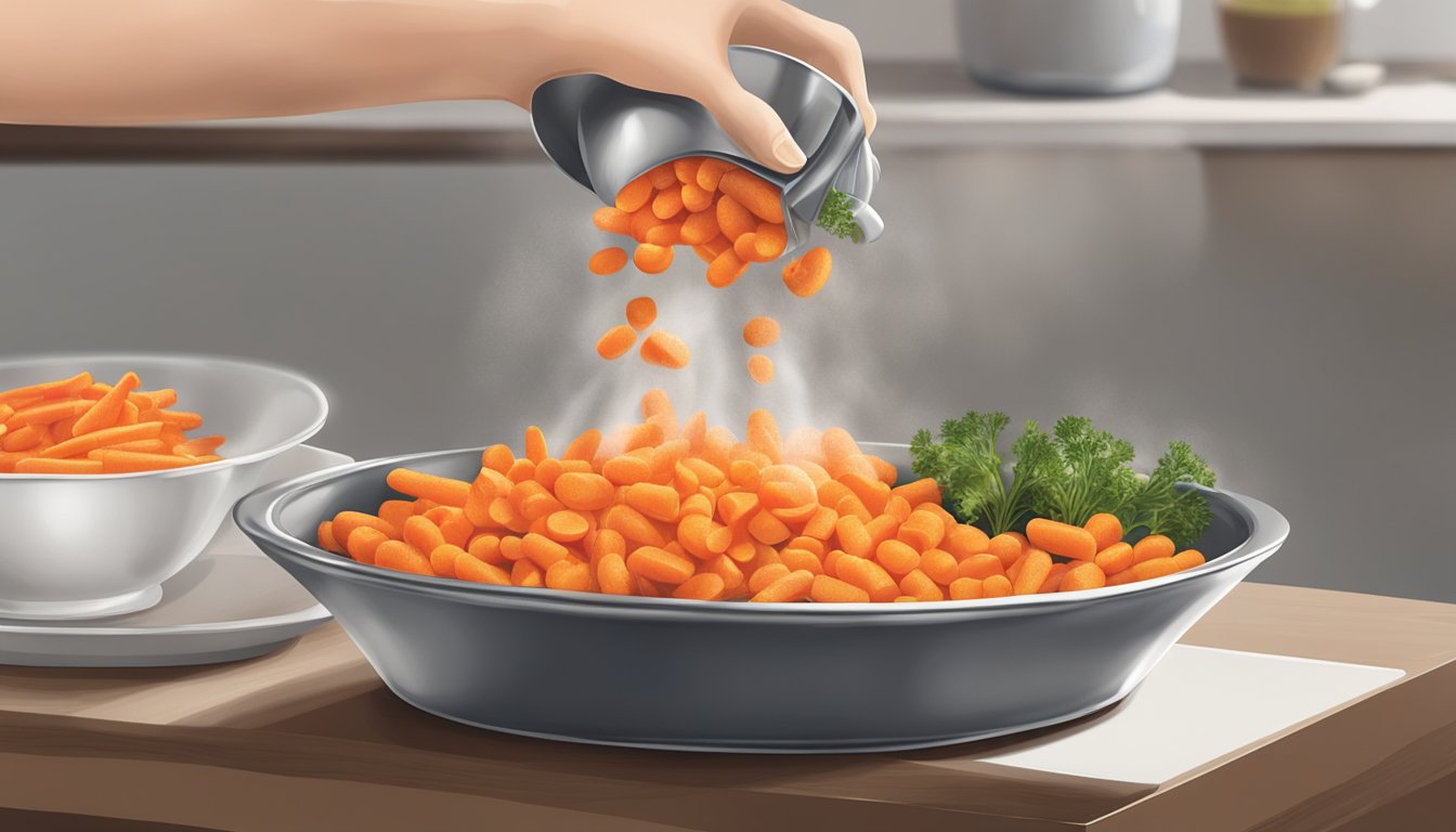 A steaming bag of Birds Eye SteamFresh carrots being opened and poured into a serving dish