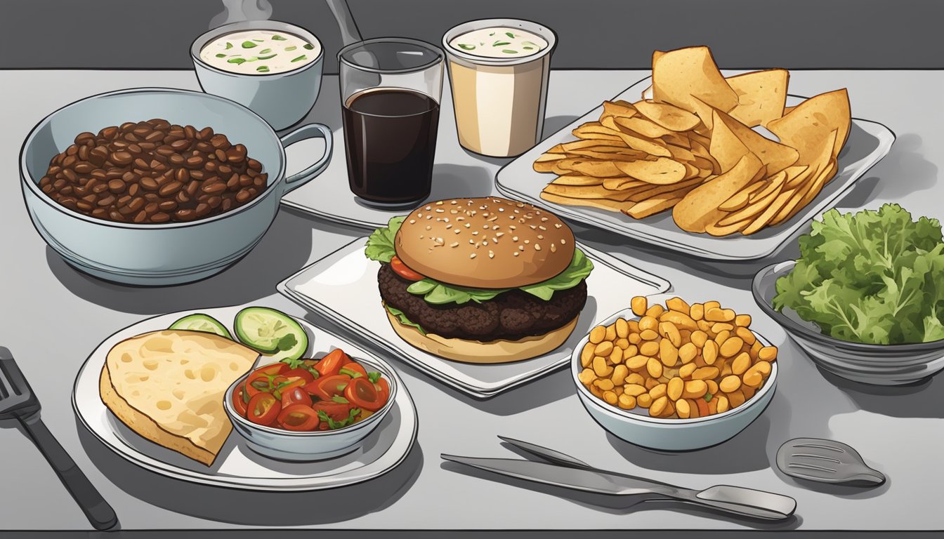 A black bean burger is being reheated on a grill while a variety of side dishes and accompaniments are laid out on a table nearby