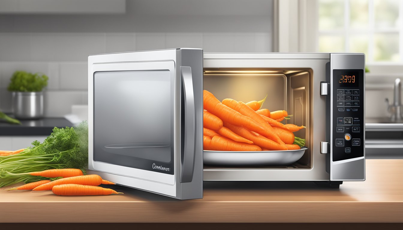 A microwave with a bag of Birds Eye SteamFresh carrots inside, steam rising from the open bag