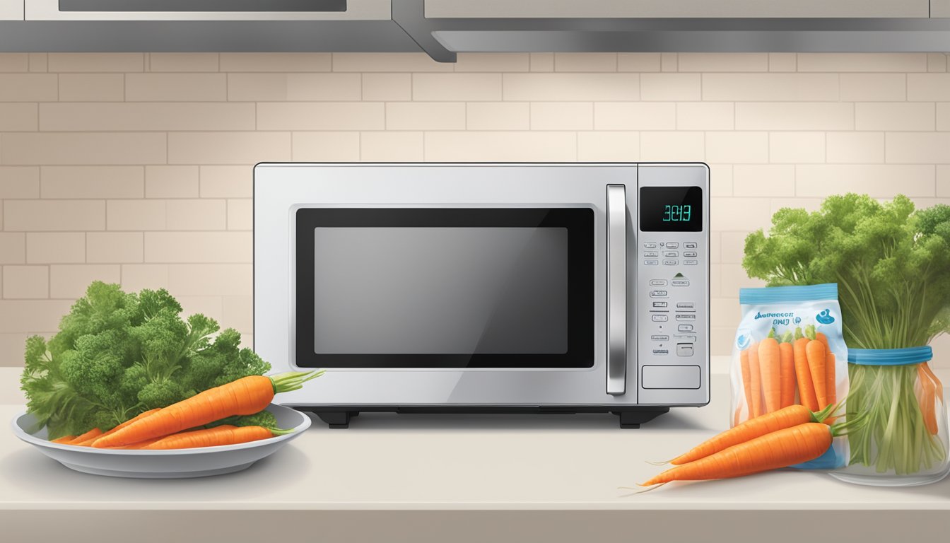 A microwave with an open bag of Birds Eye Steamfresh carrots inside, a timer set, and steam rising from the bag