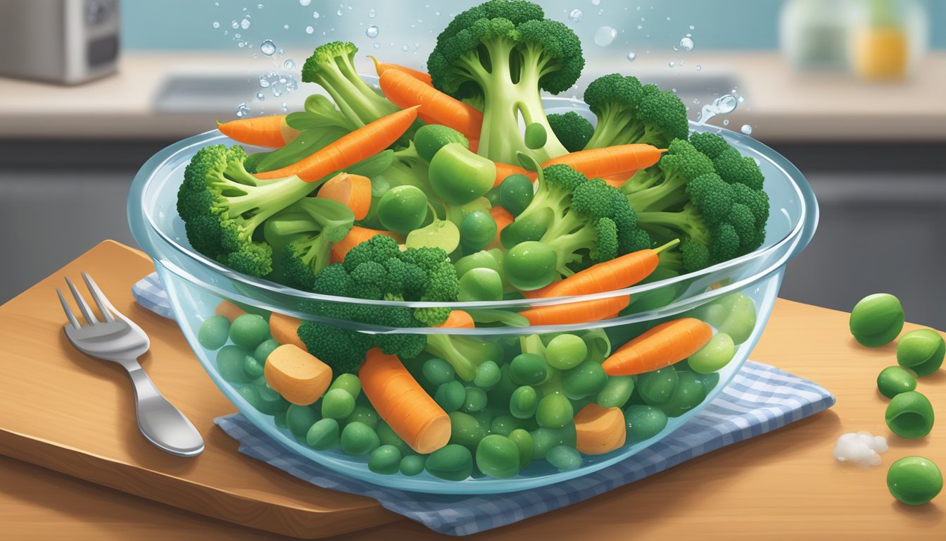 A microwave-safe bowl filled with Birds Eye Steamfresh broccoli, carrots, sugar snap peas, and water chestnuts, with a splash of water for steaming