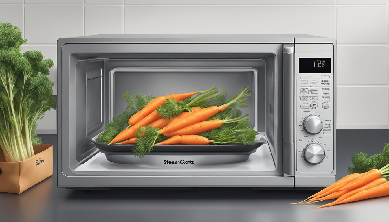 A microwave with a bag of Birds Eye Steamfresh carrots inside, the timer set, and steam escaping from the vent