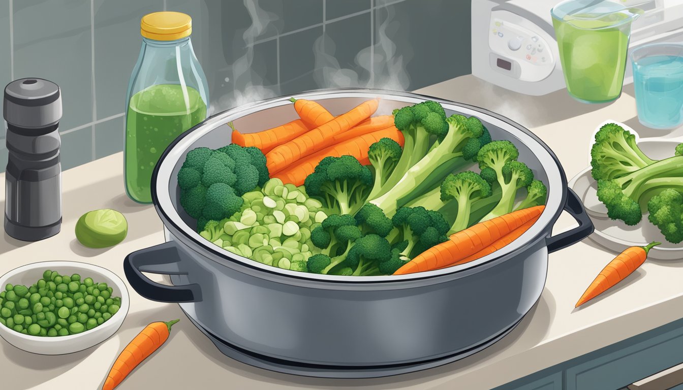 A steaming bowl of mixed vegetables sits on a kitchen counter, surrounded by a microwave and a bag of Birds Eye Steamfresh broccoli, carrots, sugar snap peas, and water chestnuts