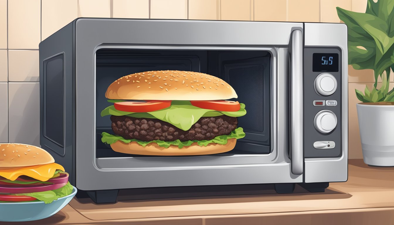 A black bean burger is being reheated in a microwave on a microwave-safe plate. The burger is covered with a microwave-safe cover to prevent splattering