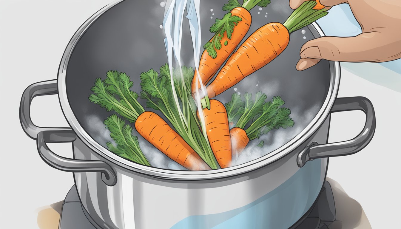 A pot of steaming water with a bag of Birds Eye Steamfresh carrots being lowered into it