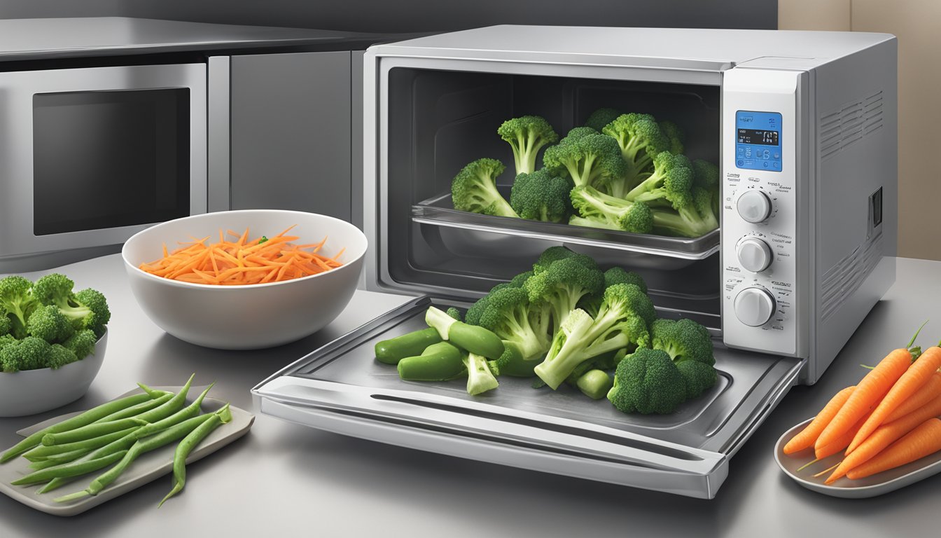 A microwave with a plate of Birds Eye Steamfresh broccoli, carrots, sugar snap peas, and water chestnuts inside, with steam rising from the vegetables