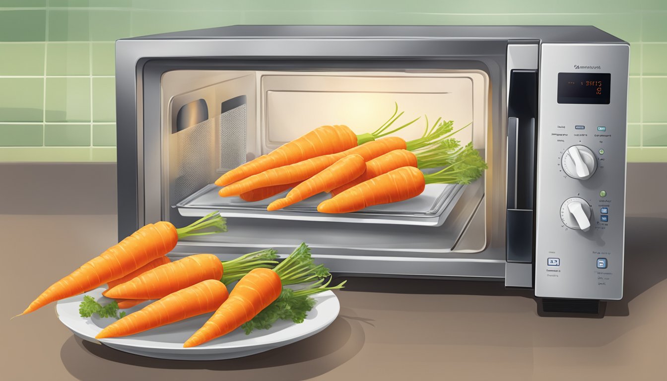 A steaming bag of SteamFresh carrots being reheated in a microwave