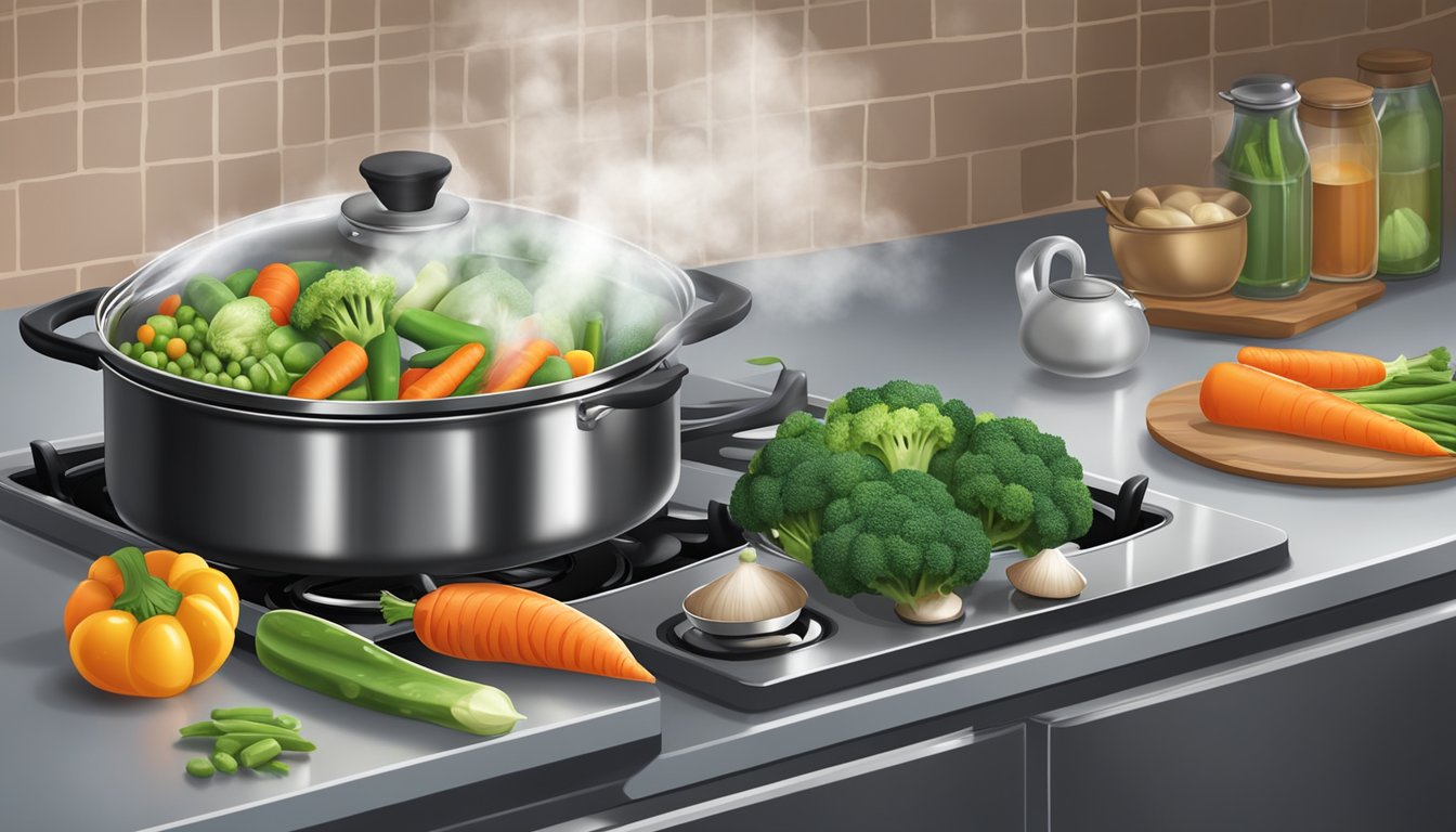 A steaming pot on the stove, filled with water and a variety of colorful Steamfresh vegetables, including broccoli, carrots, sugar snap peas, and water chestnuts