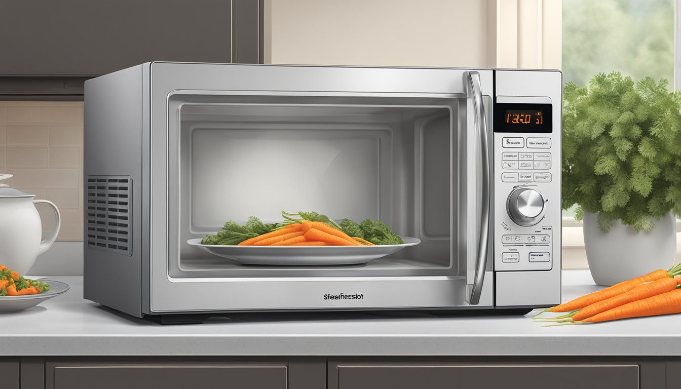 A microwave with a plate of Birds Eye Steamfresh carrots inside, with the microwave door closed and the timer set to reheat