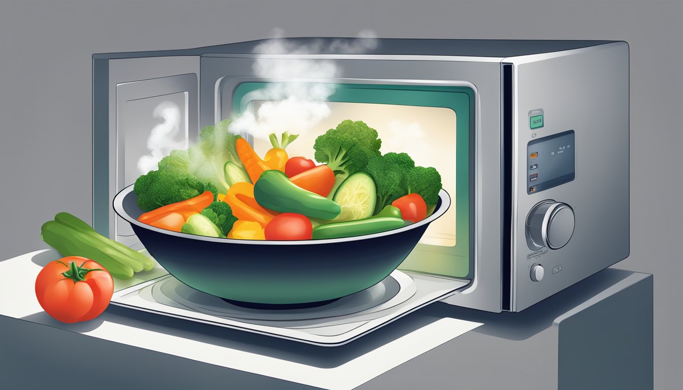 A steaming bowl of mixed vegetables being reheated in a microwave