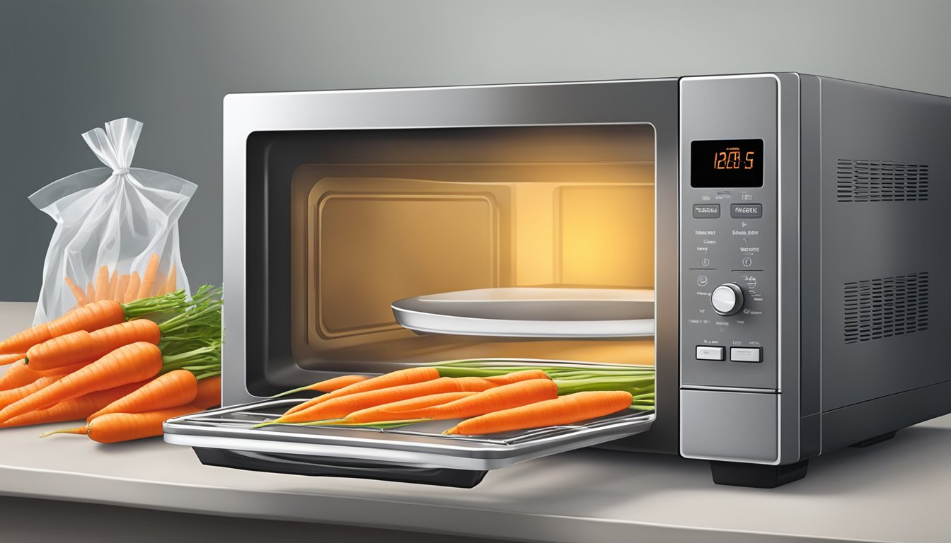 A microwave with an open bag of Birds Eye SteamFresh carrots inside, a timer set, and steam rising from the bag