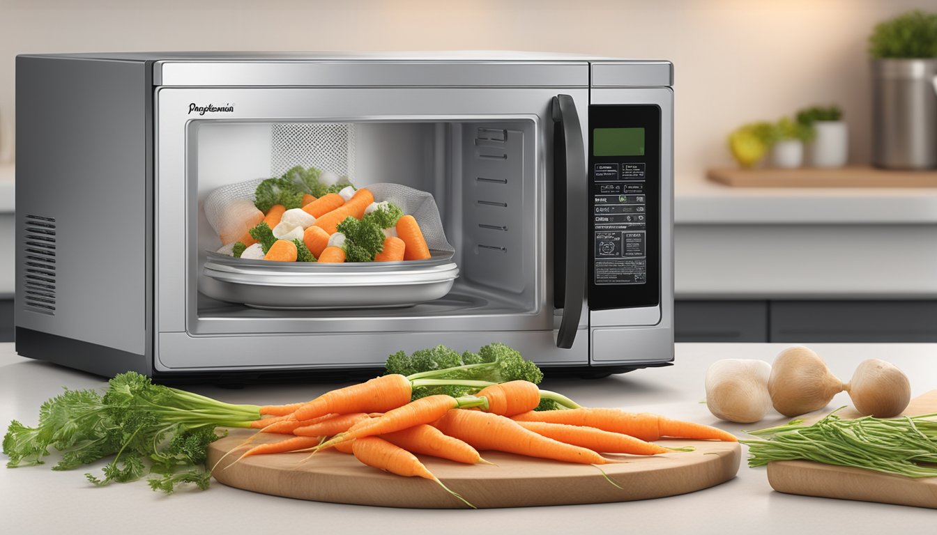 A microwave with a steaming bag of Birds Eye Steamfresh carrots inside, with a "No Preservatives" label and other health claims visible on the packaging