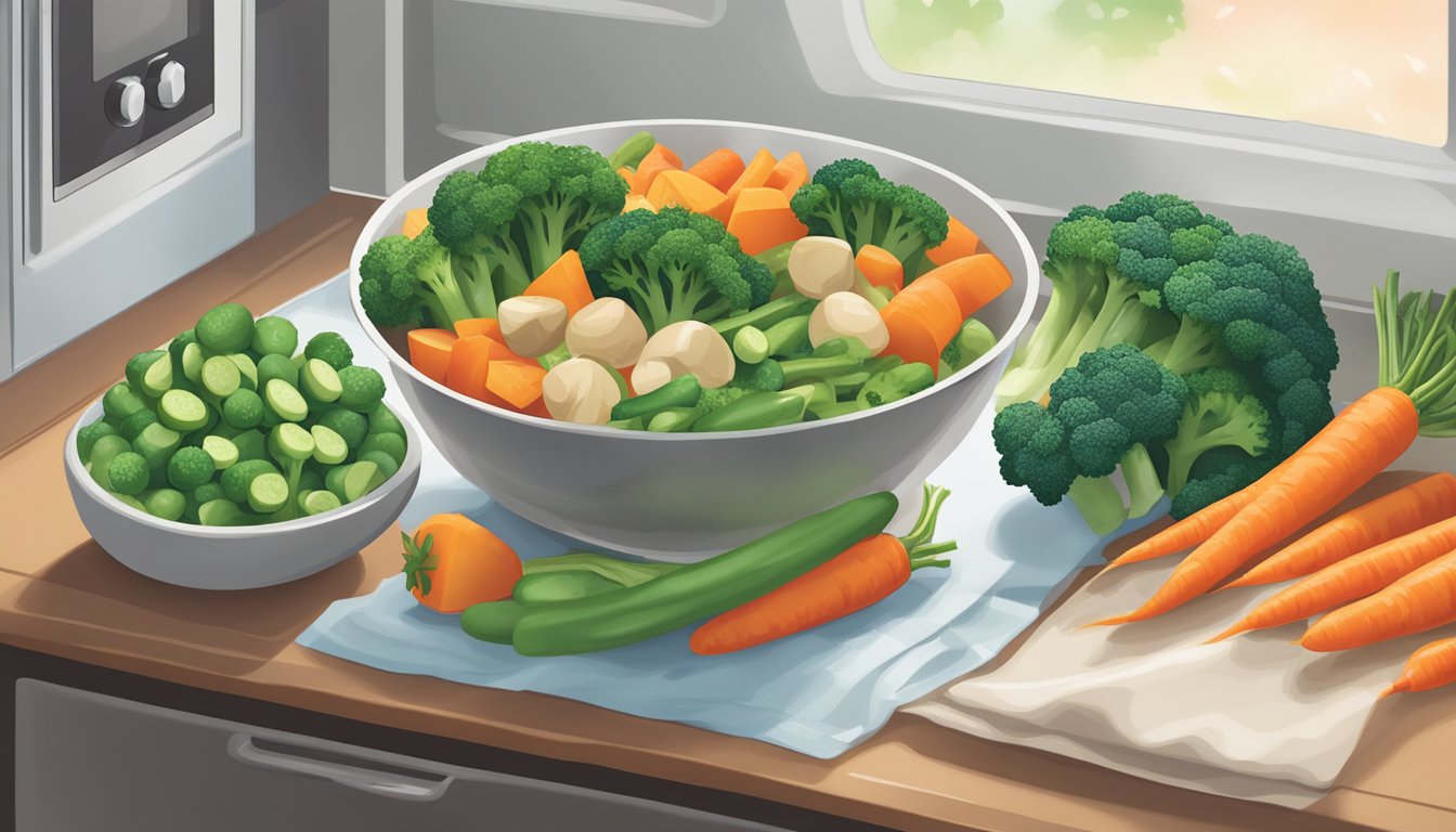 A steaming bowl of mixed vegetables sits in the microwave, surrounded by a bag of Birds Eye Steamfresh broccoli, carrots, sugar snap peas, and water chestnuts