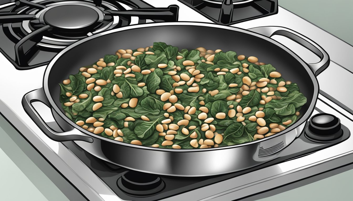 A pot of black eyed peas and collard greens being reheated on a stovetop