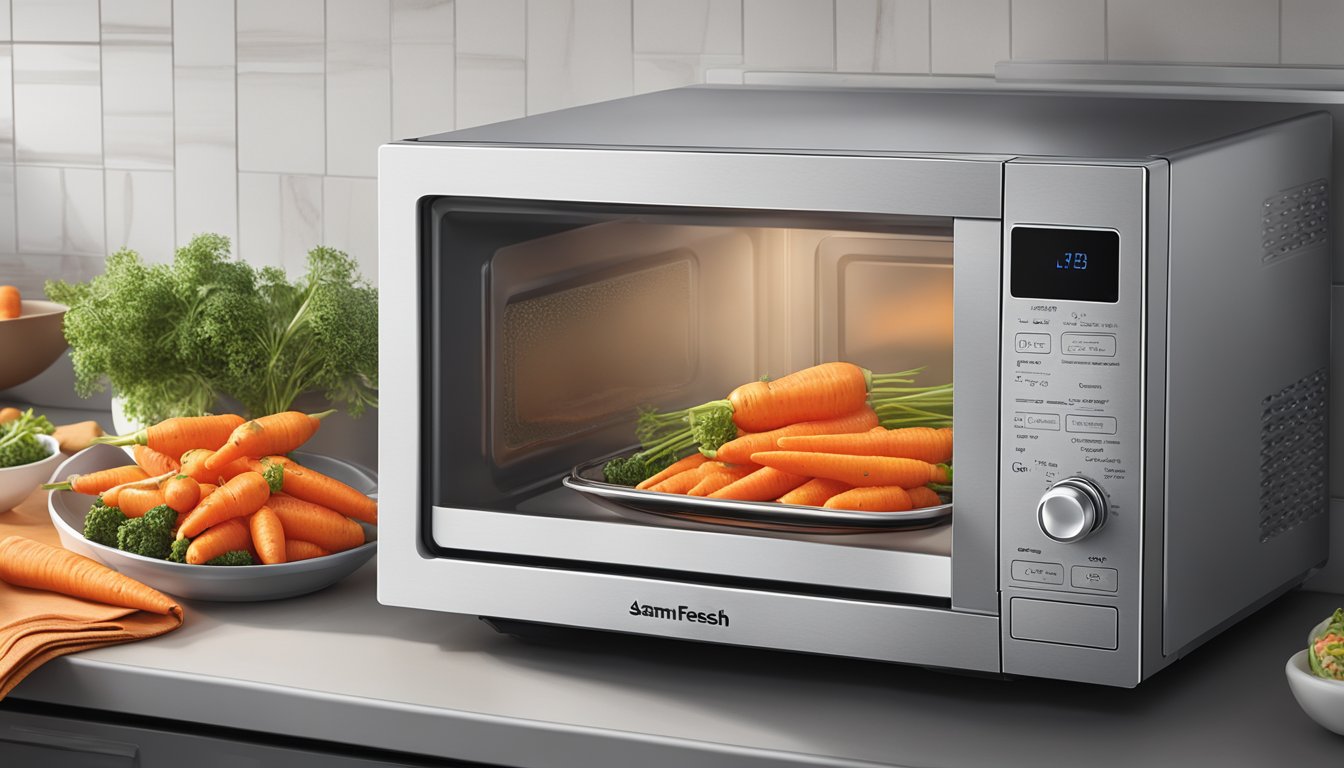 A microwave with a plate of Birds Eye Steamfresh carrots inside, steam rising as the microwave door is open