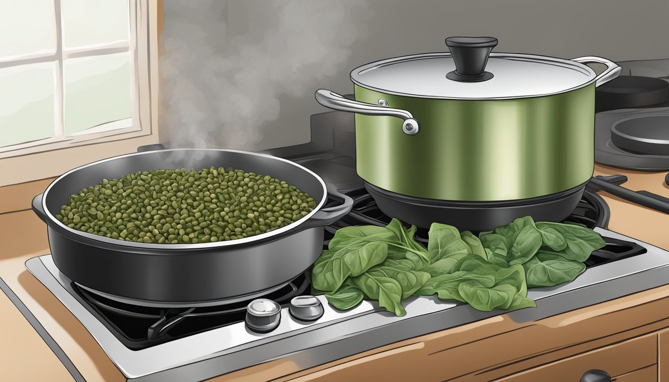 A pot of black eyed peas and collard greens being reheated on a stovetop